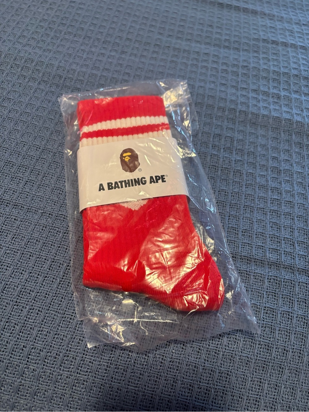 Bape Red Crew Socks with White Stripe Accents